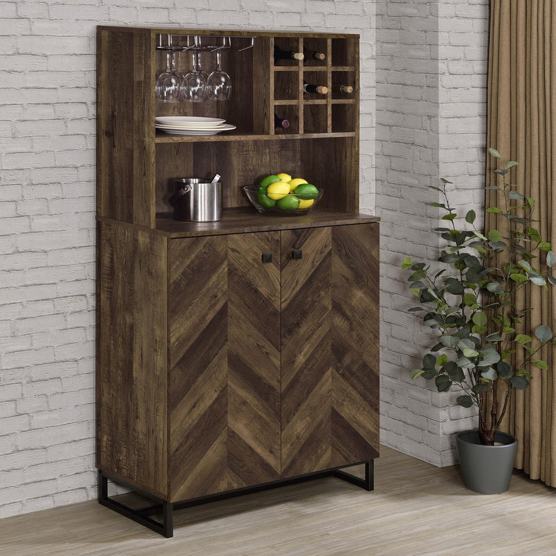Mendoza 2-door Wine Cabinet Rustic Oak Herringbone and Gunmetal - Furniture Center (NY)