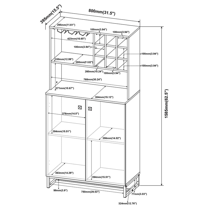 Mendoza 2-door Wine Cabinet Rustic Oak Herringbone and Gunmetal - Furniture Center (NY)