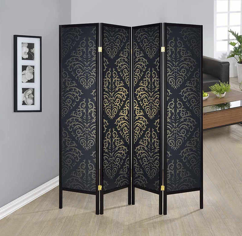 Haidera 4-panel Damask Pattern Folding Screen Black - Furniture Center (NY)
