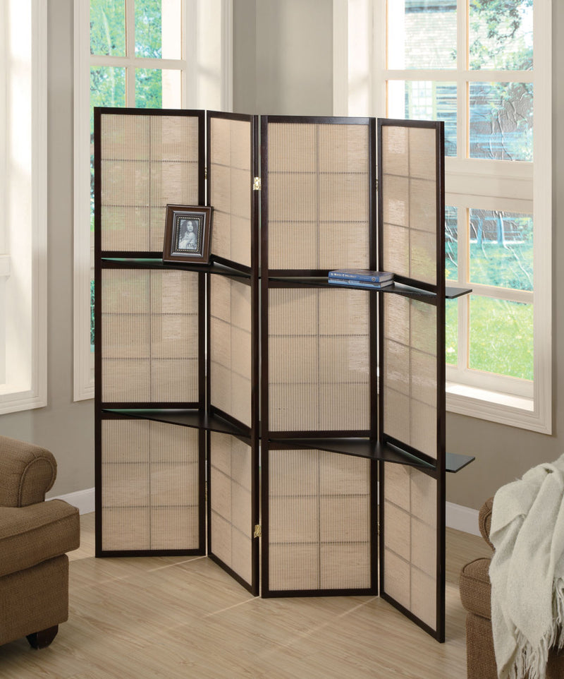 Iggy 4-panel Folding Screen with Removable Shelves Tan and Cappuccino - Furniture Center (NY)