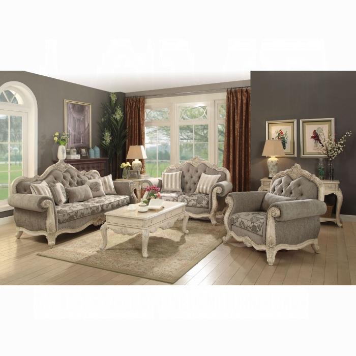 Ragenardus Gray Fabric & Antique White Sofa w/5 Pillows - Furniture Center (NY)