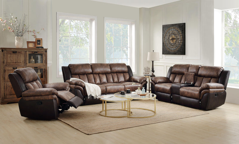 Jaylen Toffee & Espresso Polished Microfiber Sofa (Motion) - Furniture Center (NY)
