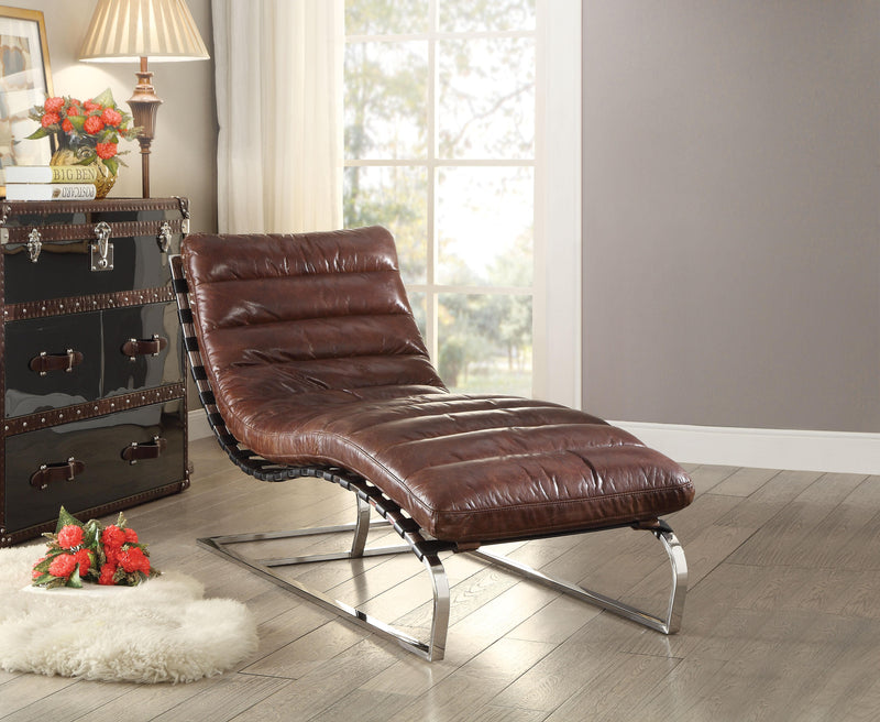 Qortini Vintage Dark Brown Top Grain Leather & Stainless Steel Chaise - Furniture Center (NY)