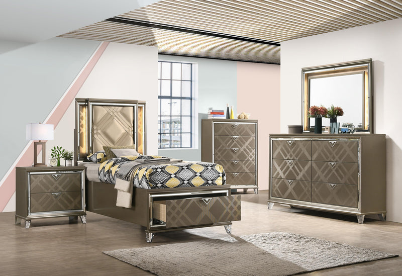 Skylar LED, PU & Dark Champagne Full Bed (Storage & LED) - Furniture Center (NY)