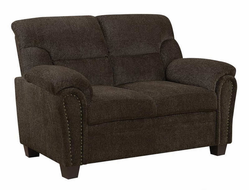 Clementine Upholstered Loveseat with Nailhead Trim Brown - Furniture Center (NY)