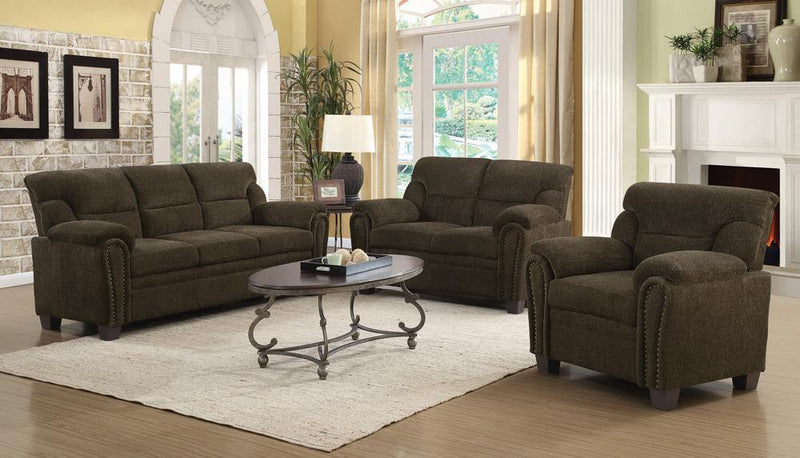 Clementine Upholstered Loveseat with Nailhead Trim Brown - Furniture Center (NY)