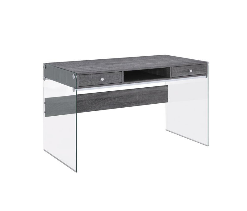 Dobrev 2-drawer Writing Desk Weathered Grey and Clear - Furniture Center (NY)