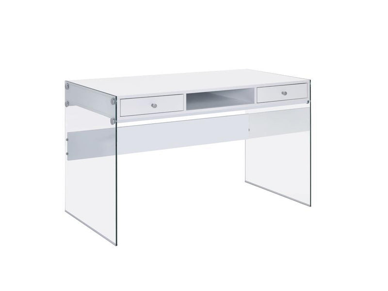 Dobrev 2-drawer Writing Desk Glossy White and Clear - Furniture Center (NY)