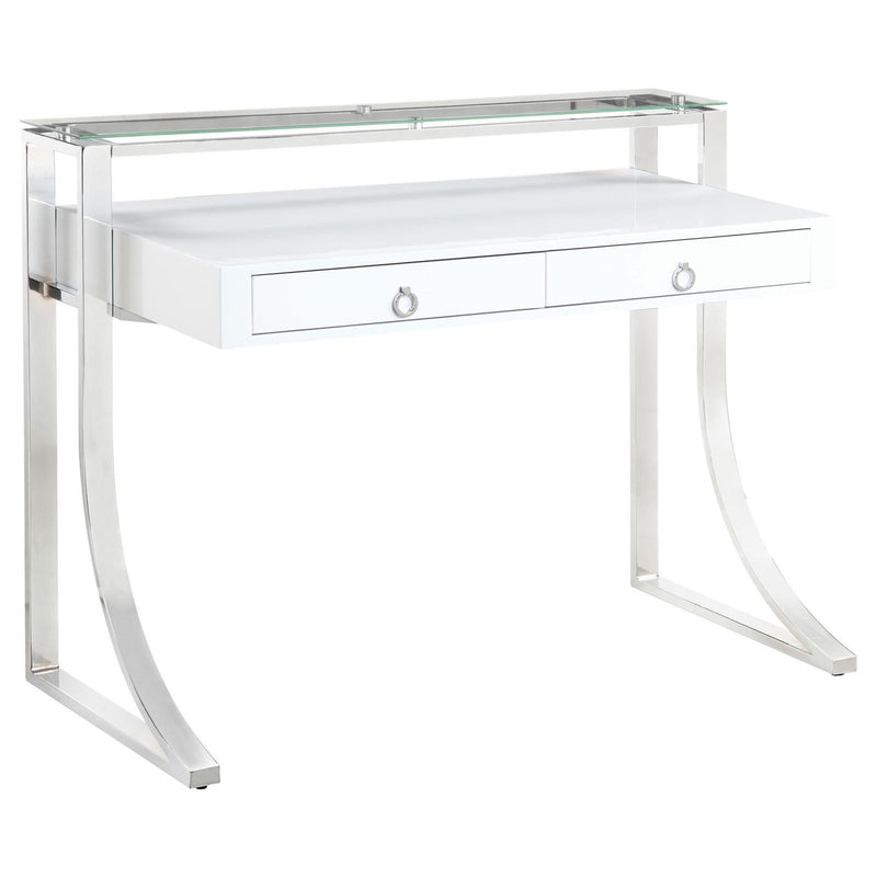 Gemma 2-drawer Writing Desk Glossy White and Chrome - Furniture Center (NY)