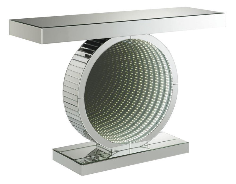 Angelonia Rectangular Console Table with Circular Base Clear Mirror - Furniture Center (NY)