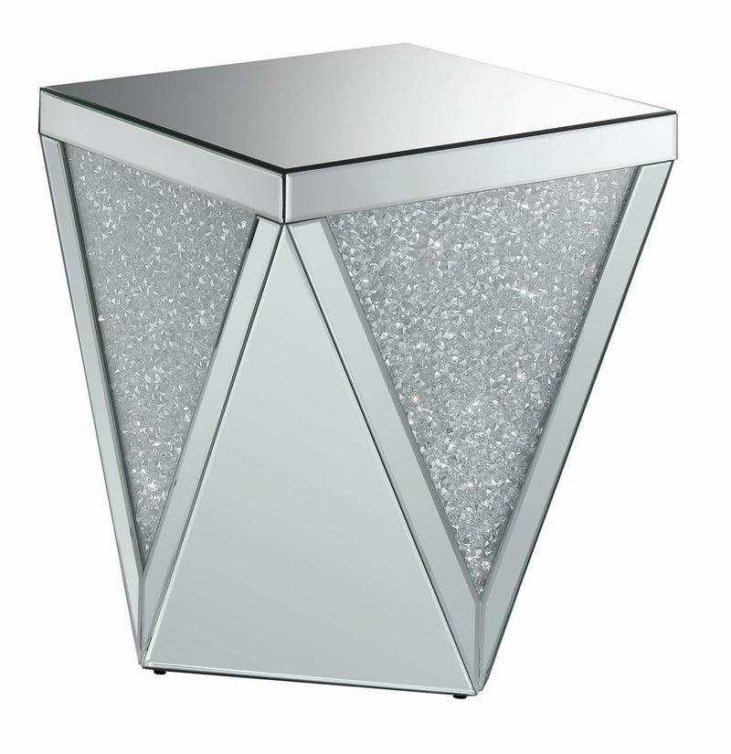 Amore Square End Table with Triangle Detailing Silver and Clear Mirror - Furniture Center (NY)