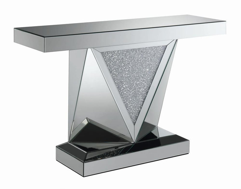 Amore Rectangular Sofa Table with Triangle Detailing Silver and Clear Mirror - Furniture Center (NY)