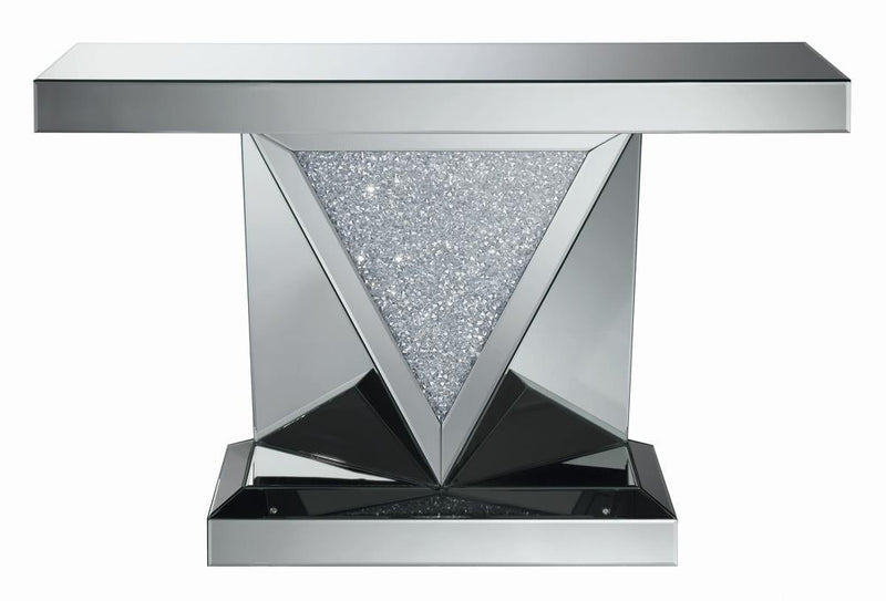 Amore Rectangular Sofa Table with Triangle Detailing Silver and Clear Mirror - Furniture Center (NY)