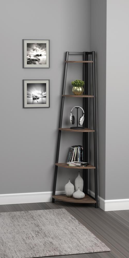 Jacksonville 5-tier Corner Bookcase Aged Walnut - Furniture Center (NY)