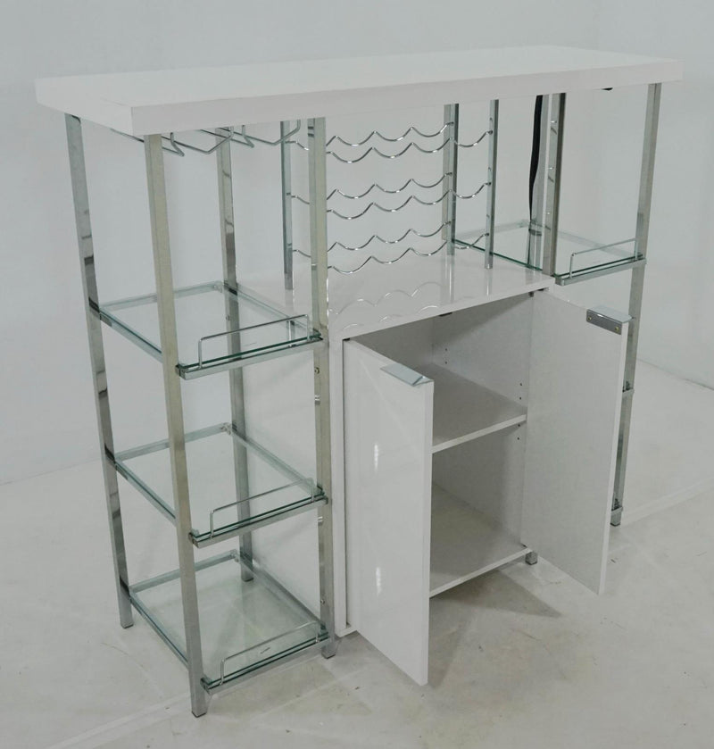 Gallimore 2-door Bar Cabinet with Glass Shelf High Glossy White and Chrome - Furniture Center (NY)
