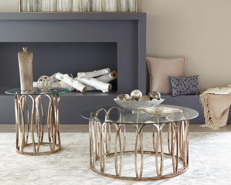 Monett Round End Table Chocolate Chrome and Clear - Furniture Center (NY)