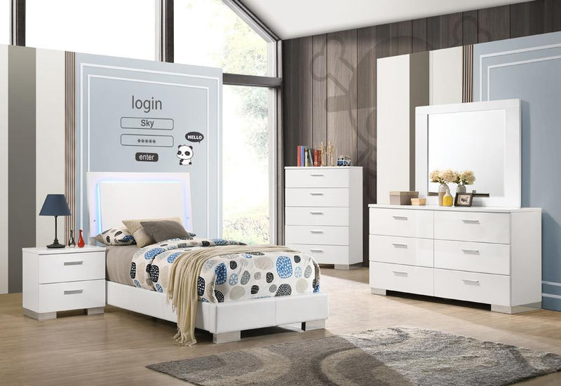 Felicity Twin Panel Bed with LED Lighting Glossy White - Furniture Center (NY)