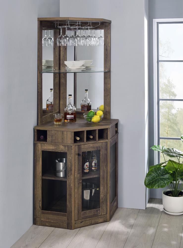 Alviso Corner Bar Cabinet with Stemware Rack Rustic Oak - Furniture Center (NY)