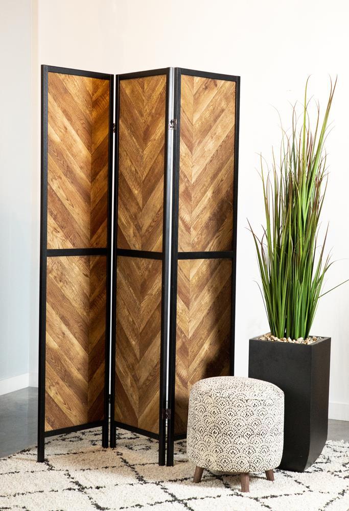 Marlene Herringbone Pattern 3-panel Screen Rustic Tobacco and Black - Furniture Center (NY)