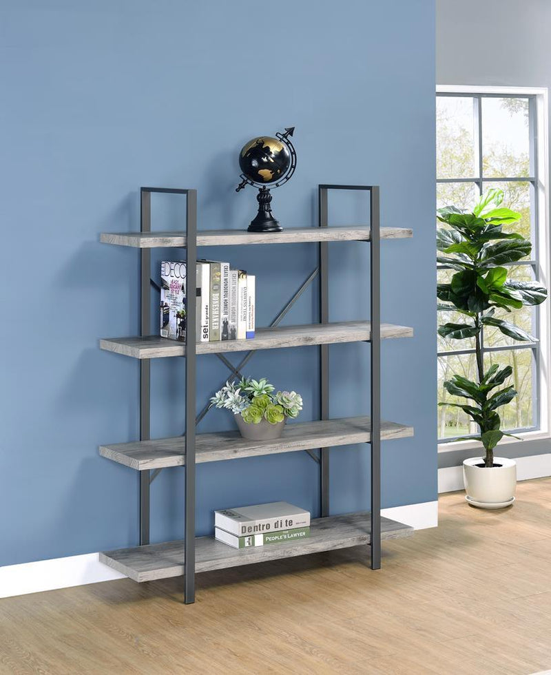 Cole 4-Shelf Bookcase Grey Driftwood and Gunmetal - Furniture Center (NY)