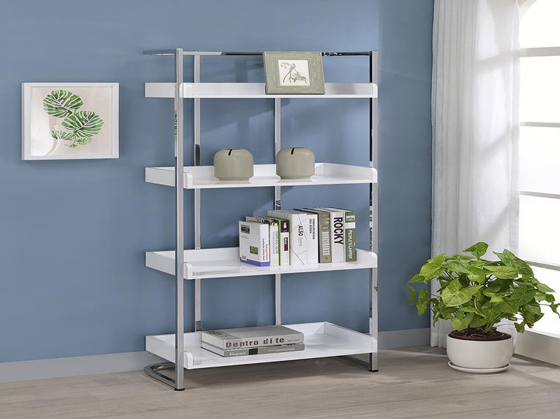 Ember 4-shelf Bookcase White High Gloss and Chrome - Furniture Center (NY)