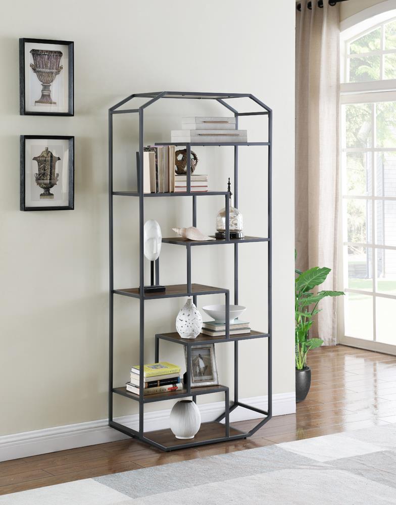 Leland 6-shelf Bookcase Rustic Brown and Dark Grey - Furniture Center (NY)