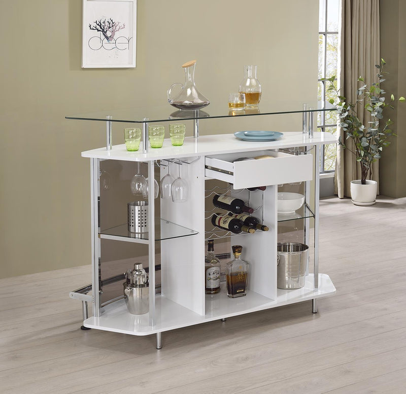 Gideon Crescent Shaped Glass Top Bar Unit with Drawer - Furniture Center (NY)