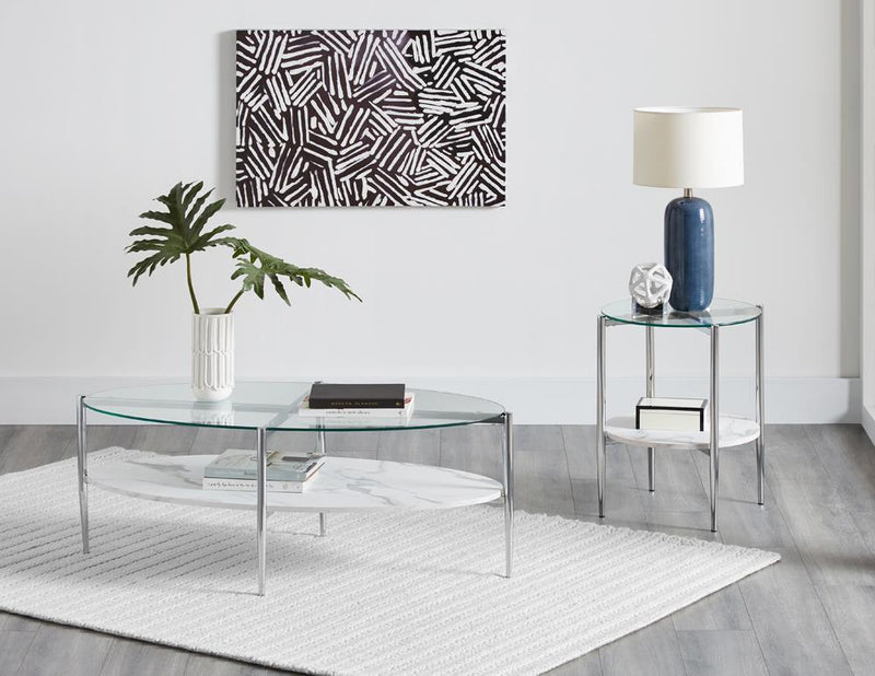 Cadee Round Glass Top Coffee Table White and Chrome - Furniture Center (NY)