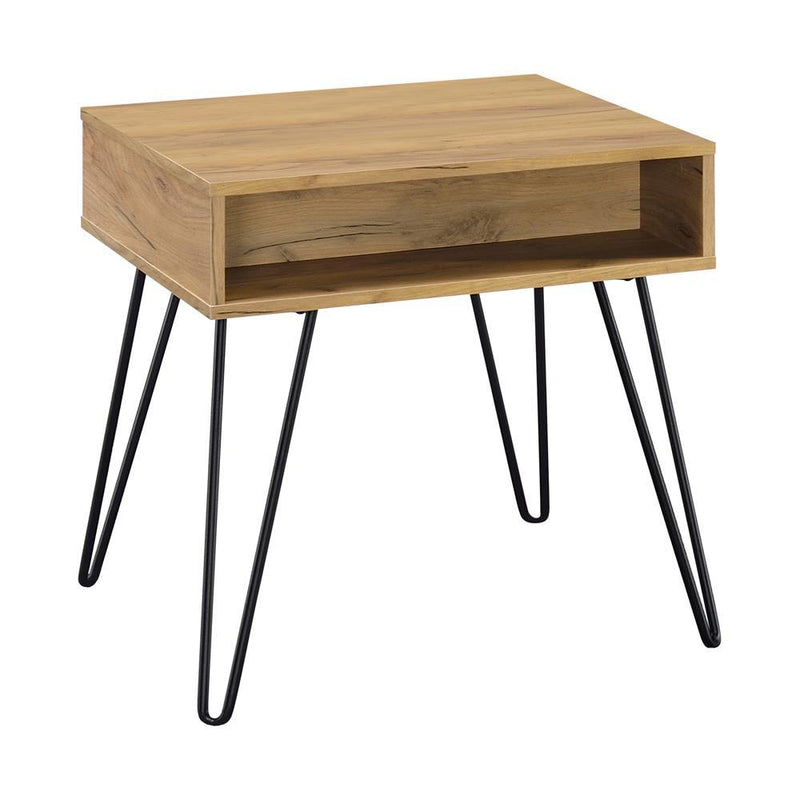 Fanning Square End Table with Open Compartment Golden Oak and Black - Furniture Center (NY)