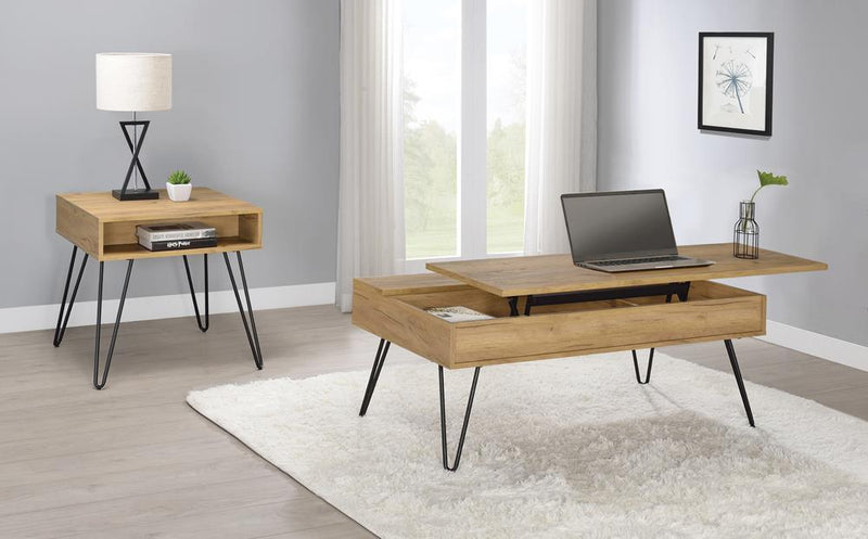 Fanning Square End Table with Open Compartment Golden Oak and Black - Furniture Center (NY)
