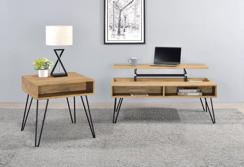 Fanning Square End Table with Open Compartment Golden Oak and Black - Furniture Center (NY)
