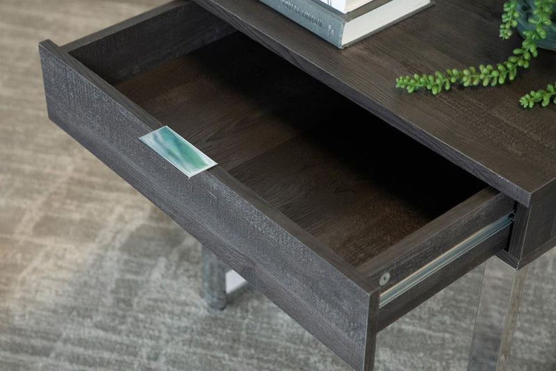 Baines Square 1-drawer End Table Dark Charcoal and Chrome - Furniture Center (NY)