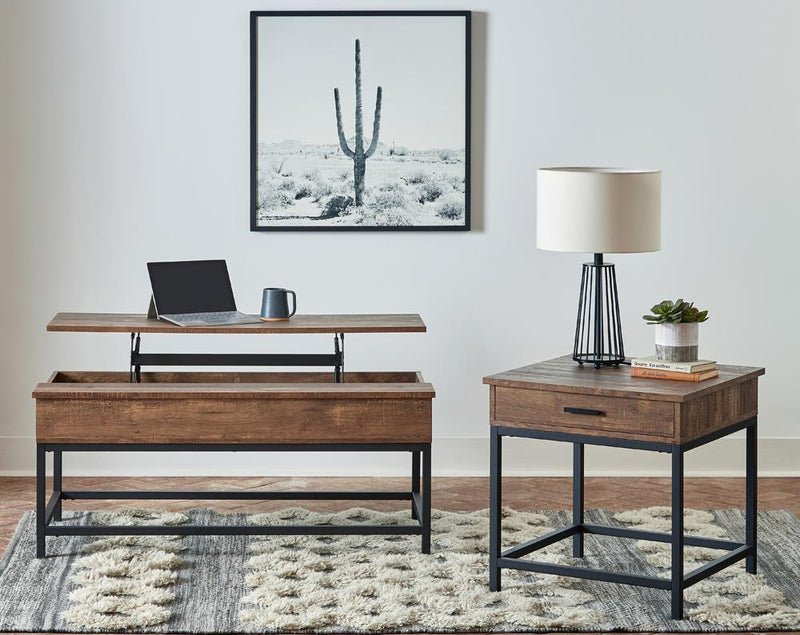Byers Square 1-drawer End Table Brown Oak and Sandy Black - Furniture Center (NY)
