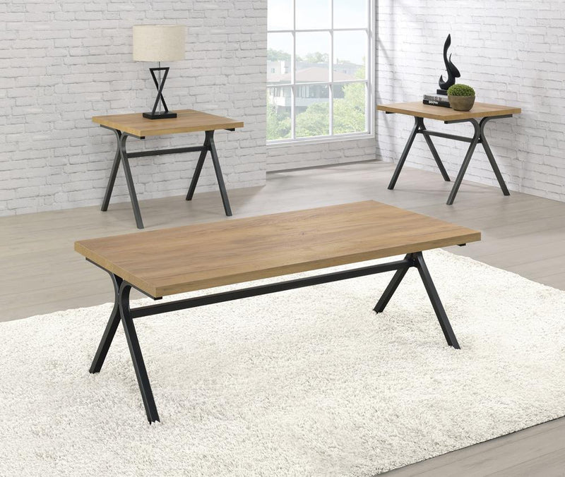 Colmar 3-piece Trestle Occasional Table Set Golden Oak and Gunmetal - Furniture Center (NY)
