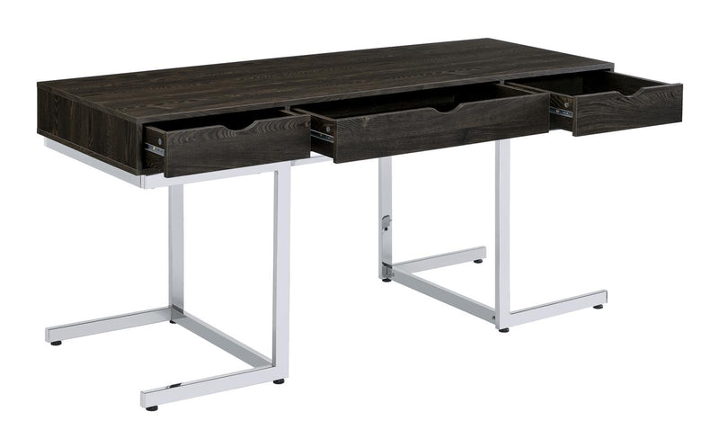 Noorvik 3-drawer Writing Desk Dark Oak and Chrome - Furniture Center (NY)