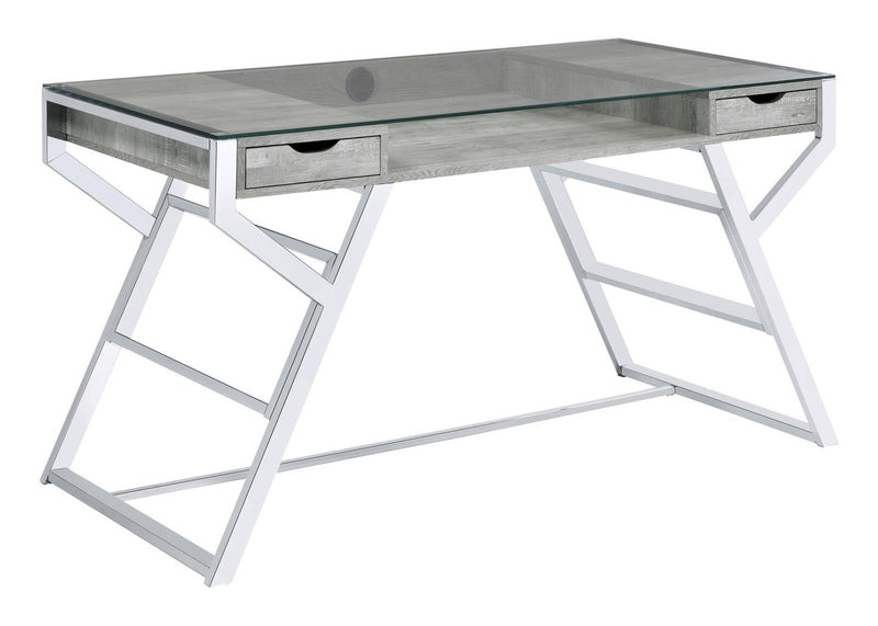 Emelle 2-drawer Glass Top Writing Desk Grey Driftwood and Chrome - Furniture Center (NY)