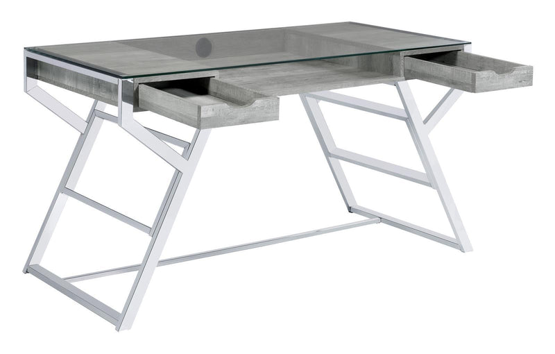 Emelle 2-drawer Glass Top Writing Desk Grey Driftwood and Chrome - Furniture Center (NY)
