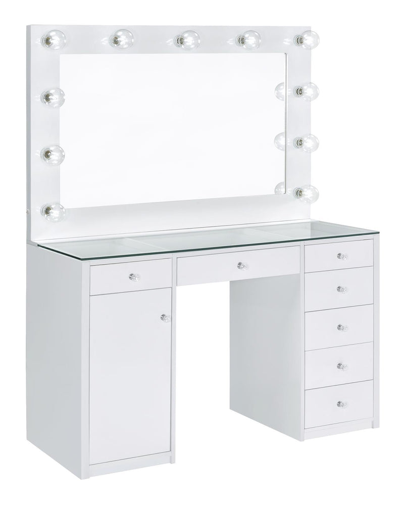 Percy 7-drawer Glass Top Vanity Desk with Lighting White - Furniture Center (NY)