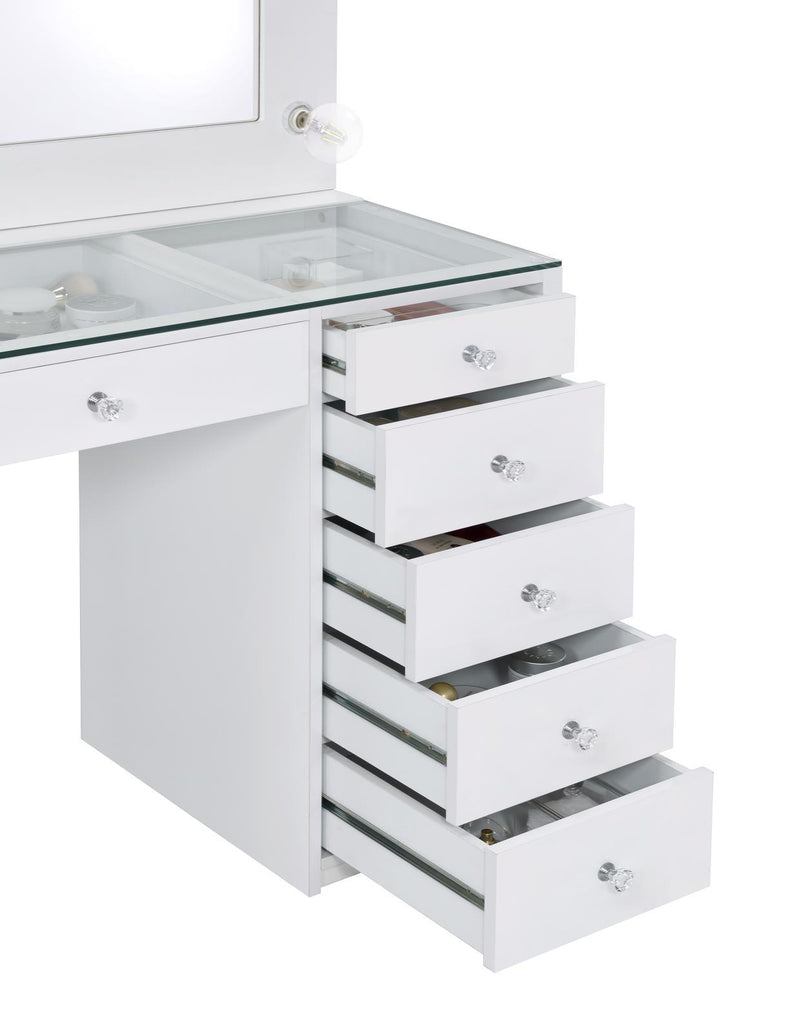 Percy 7-drawer Glass Top Vanity Desk with Lighting White - Furniture Center (NY)