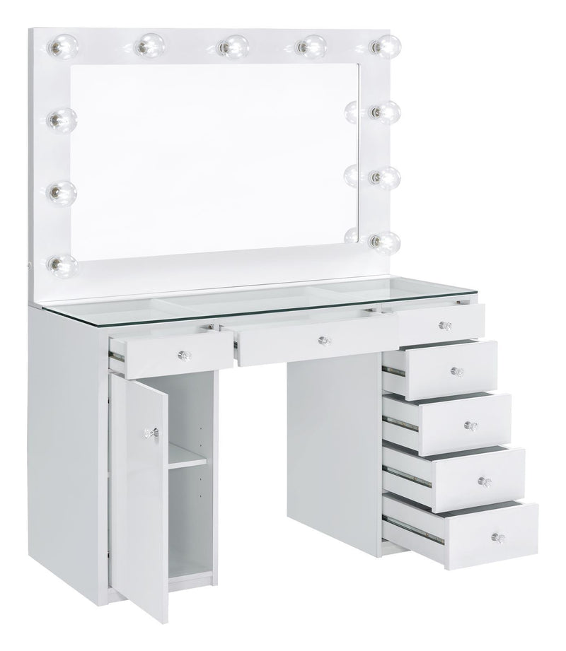 Percy 7-drawer Glass Top Vanity Desk with Lighting White - Furniture Center (NY)