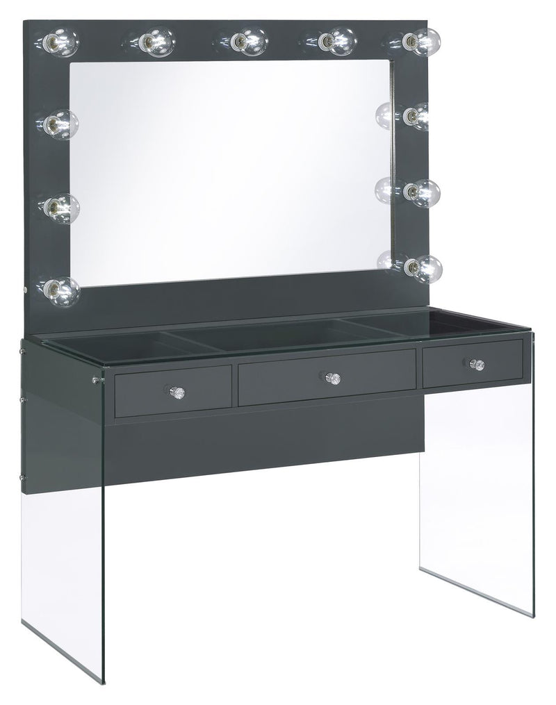 Afshan 3-drawer Vanity Desk with Lighting Mirror Grey High Gloss - Furniture Center (NY)