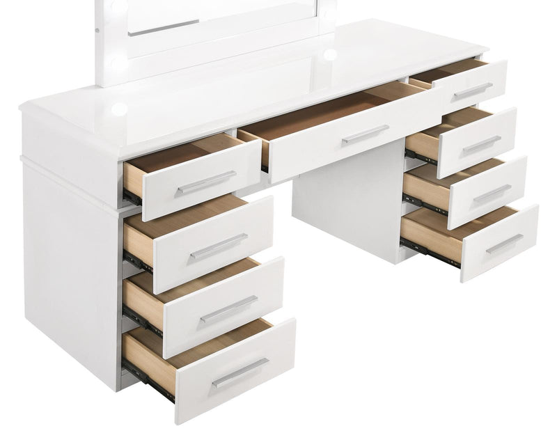 Felicity 9-drawer Vanity Desk with Lighted Mirror Glossy White - Furniture Center (NY)