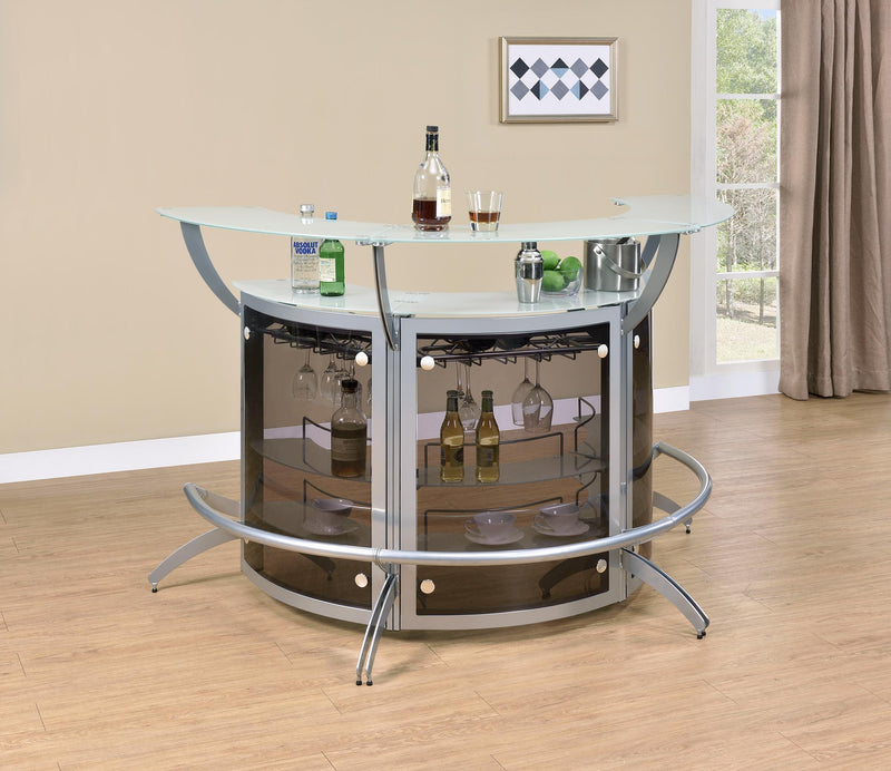 Dallas 2-shelf Curved Home Bar Silver and Frosted Glass (Set of 3) - Furniture Center (NY)