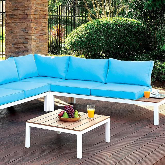 WINONA White/Oak/Blue Patio Sectional w/ Table - Furniture Center (NY)