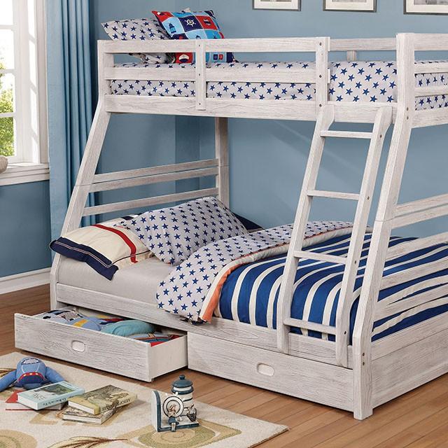 California III Wire-Brushed White Twin/Full Bunk Bed w/ 2 Drawers - Furniture Center (NY)