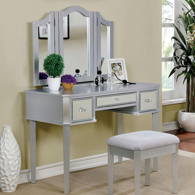 CLARISSE Silver Vanity w/ Stool - Furniture Center (NY)