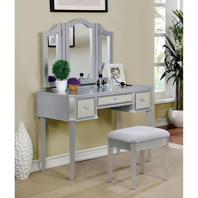 CLARISSE Silver Vanity w/ Stool - Furniture Center (NY)