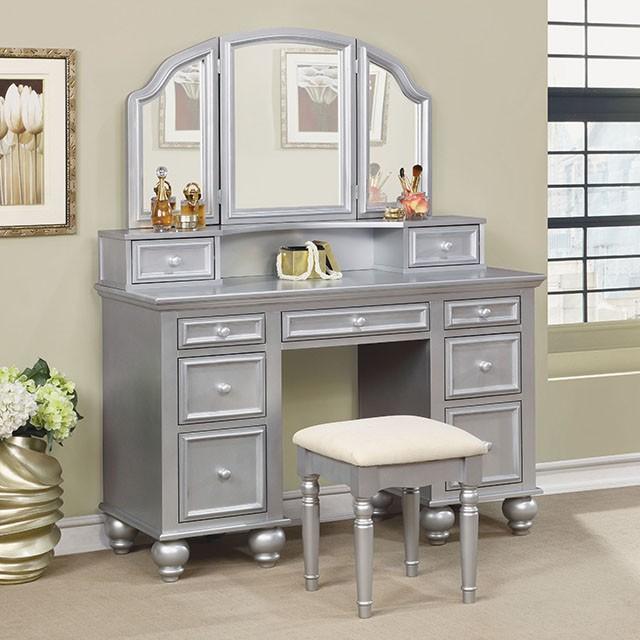 ATHY Silver Vanity w/ Stool - Furniture Center (NY)