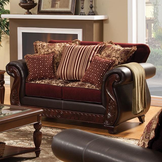 Franklin Burgundy/Espresso Love Seat, Burgundy - Furniture Center (NY)