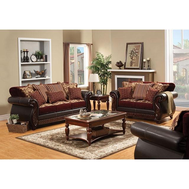 Franklin Burgundy/Espresso Love Seat, Burgundy - Furniture Center (NY)